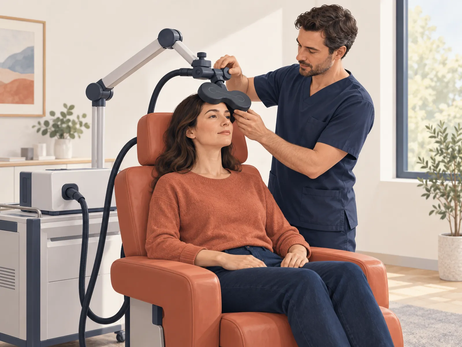 Illustration of a patient seated in a treatment chair while a clinician positions a TMS coil.